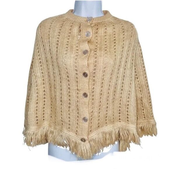 Shawl Sweater Sweaters - Womens Sweater Poncho OS Beige Sleeveless Cable Knit Fringe One Size